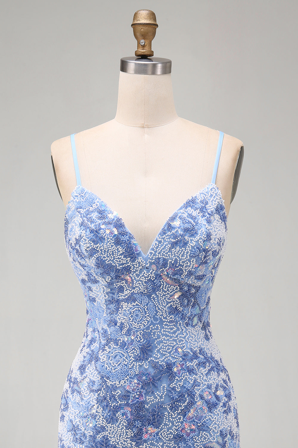 Sparkly Blue Tight Spaghetti Straps Beaded Short Homecoming Dress