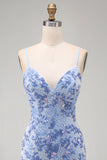 Sparkly Blue Tight Spaghetti Straps Beaded Short Homecoming Dress