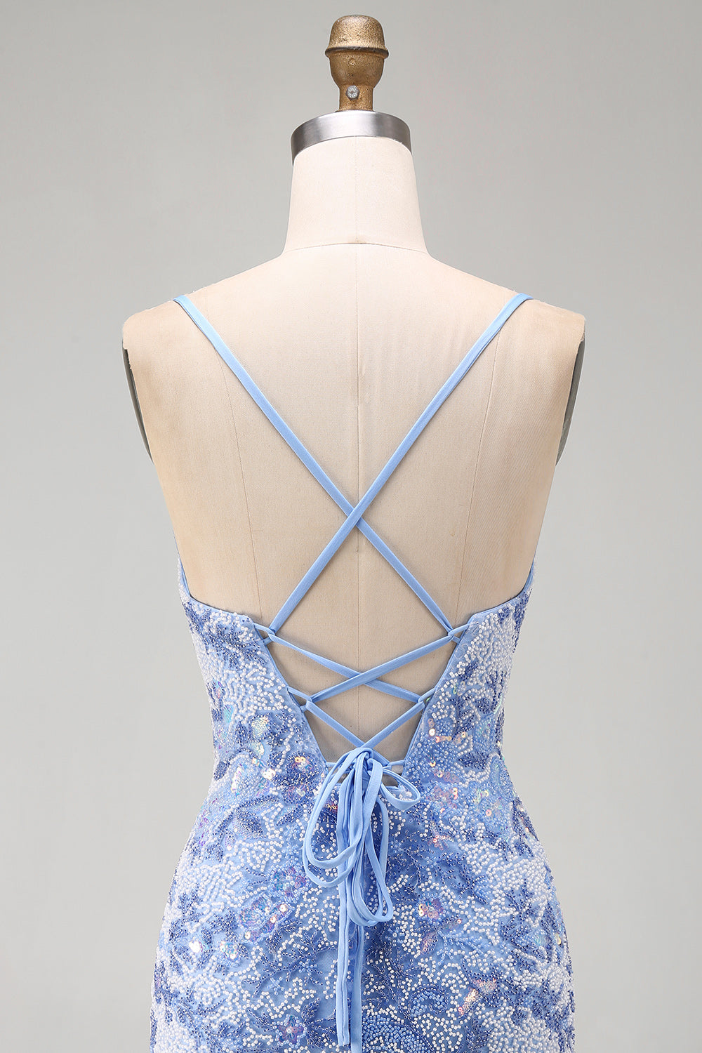 Sparkly Blue Tight Spaghetti Straps Beaded Short Homecoming Dress