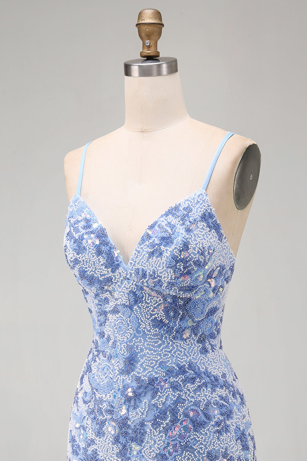 Sparkly Blue Tight Spaghetti Straps Beaded Short Homecoming Dress