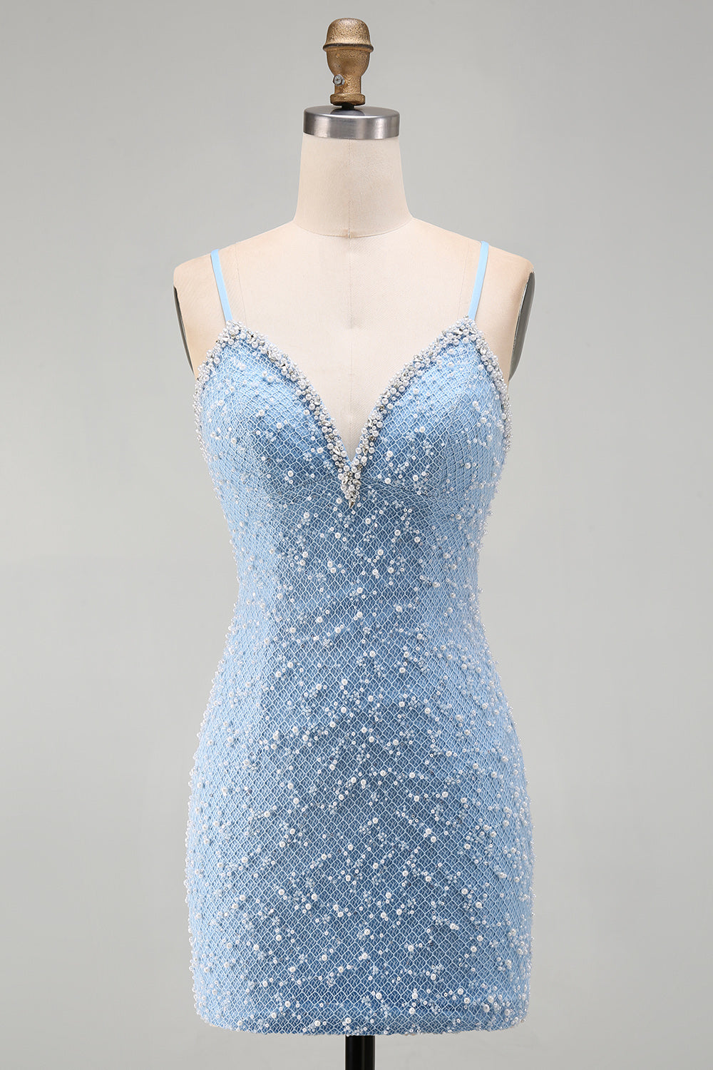 Sparkly Blue Tight V-Neck Short Homecoming Dress with Pearls