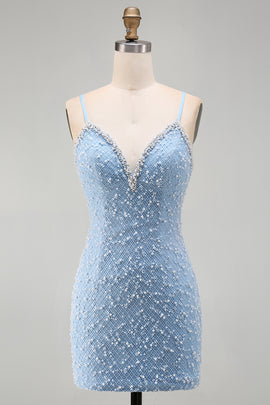 Sparkly Blue Tight V-Neck Short Homecoming Dress with Pearls