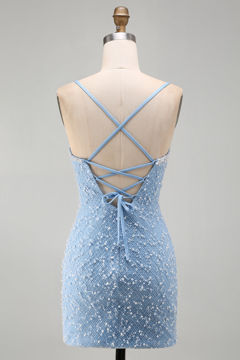 Sparkly Blue Tight V-Neck Short Homecoming Dress with Pearls