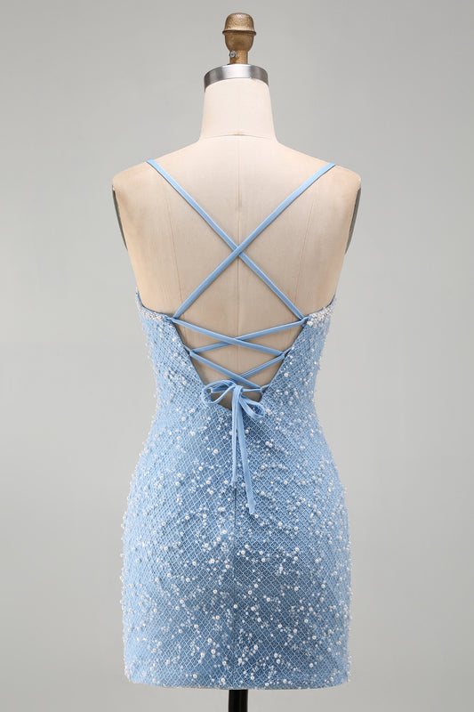 Sparkly Blue Tight V-Neck Short Homecoming Dress with Pearls