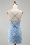 Sparkly Blue Tight V-Neck Short Homecoming Dress with Pearls