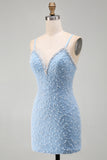 Sparkly Blue Tight V-Neck Short Homecoming Dress with Pearls