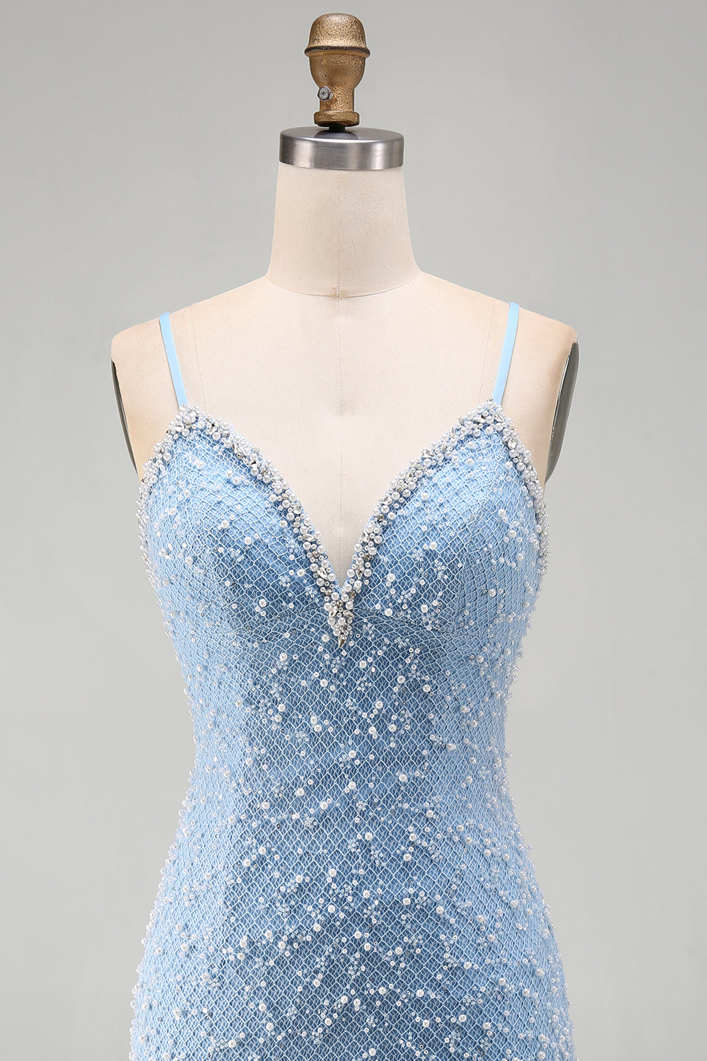 Sparkly Blue Tight V-Neck Short Homecoming Dress with Pearls