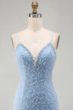 Sparkly Blue Tight V-Neck Short Homecoming Dress with Pearls