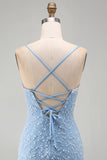 Sparkly Blue Tight V-Neck Short Homecoming Dress with Pearls