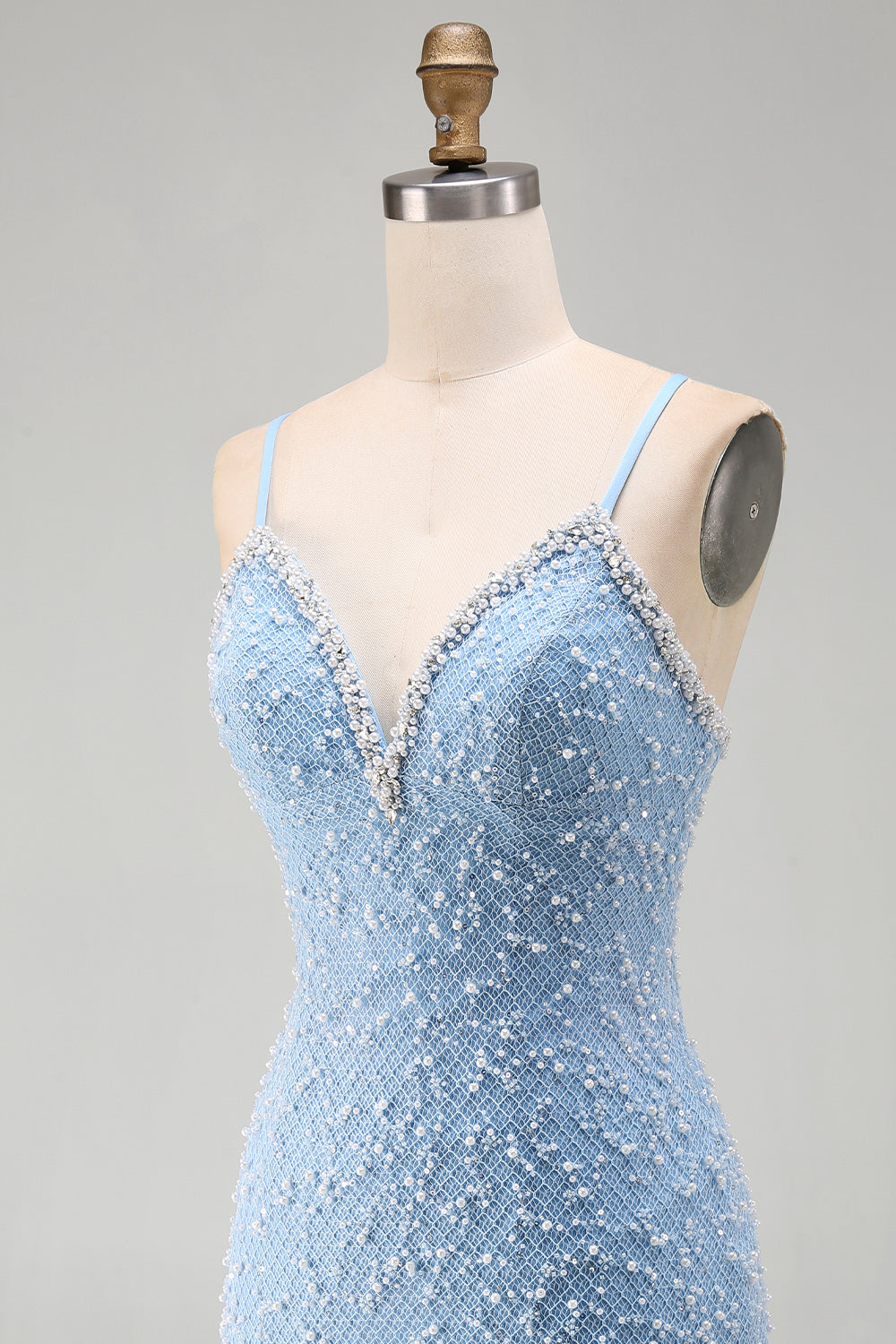Sparkly Blue Tight V-Neck Short Homecoming Dress with Pearls