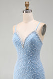 Sparkly Blue Tight V-Neck Short Homecoming Dress with Pearls