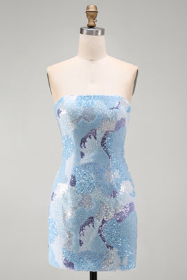 Sparkly Blue Sequins Beaded Tight Strapless Short Homecoming Dress