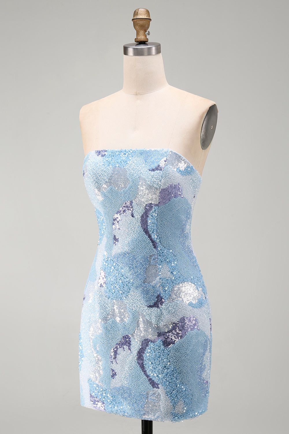 Sparkly Blue Sequins Beaded Tight Strapless Short Homecoming Dress