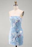 Sparkly Blue Sequins Beaded Tight Strapless Short Homecoming Dress