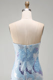 Sparkly Blue Sequins Beaded Tight Strapless Short Homecoming Dress