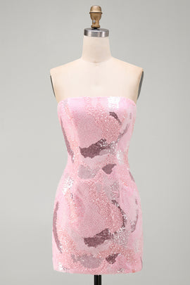Sparkly Pink Sequins Tight Strapless Short Homecoming Dress