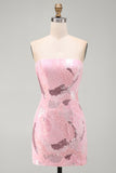 Sparkly Pink Sequins Tight Strapless Short Homecoming Dress