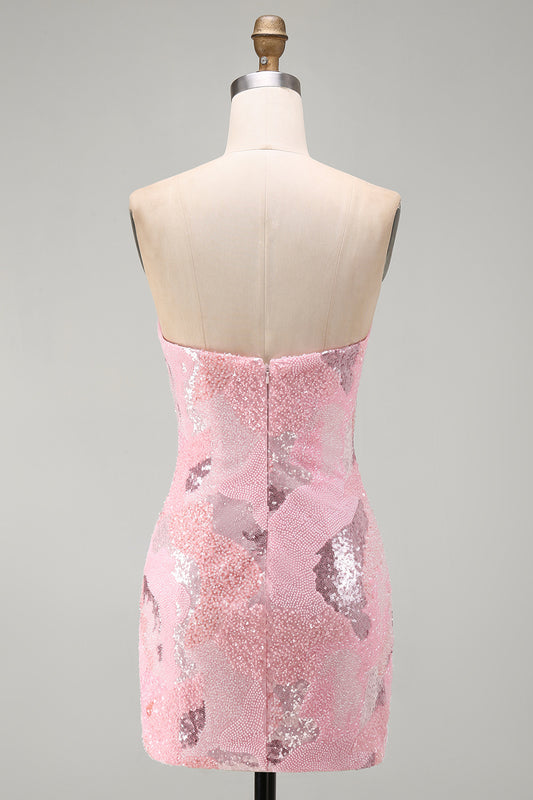 Sparkly Pink Beaded Tight Strapless Short Homecoming Dress
