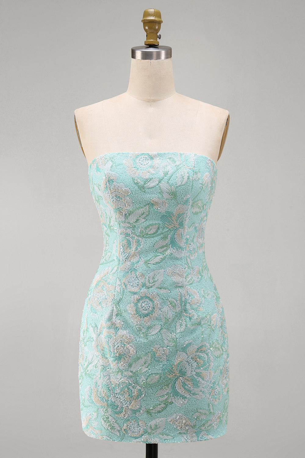 Mint Floral Tight Strapless Beaded Short Homecoming Dress