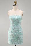 Mint Floral Tight Strapless Beaded Short Homecoming Dress