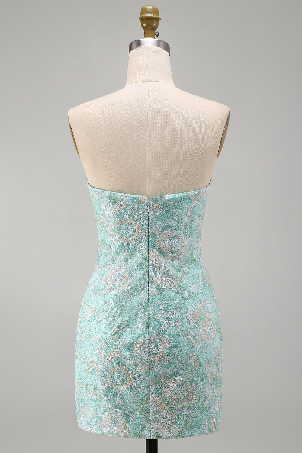 Mint Floral Tight Strapless Beaded Short Homecoming Dress