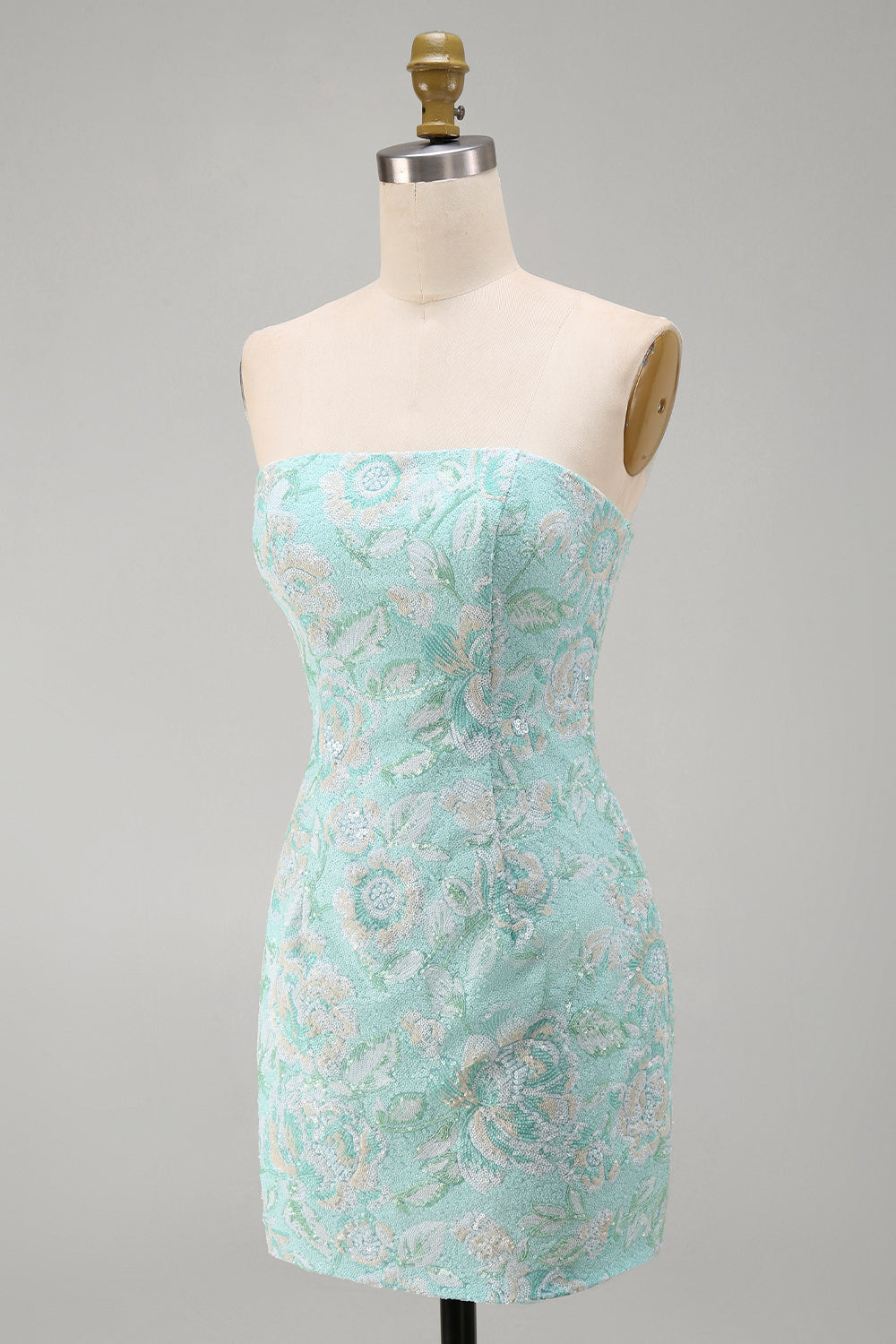 Mint Floral Tight Strapless Beaded Short Homecoming Dress