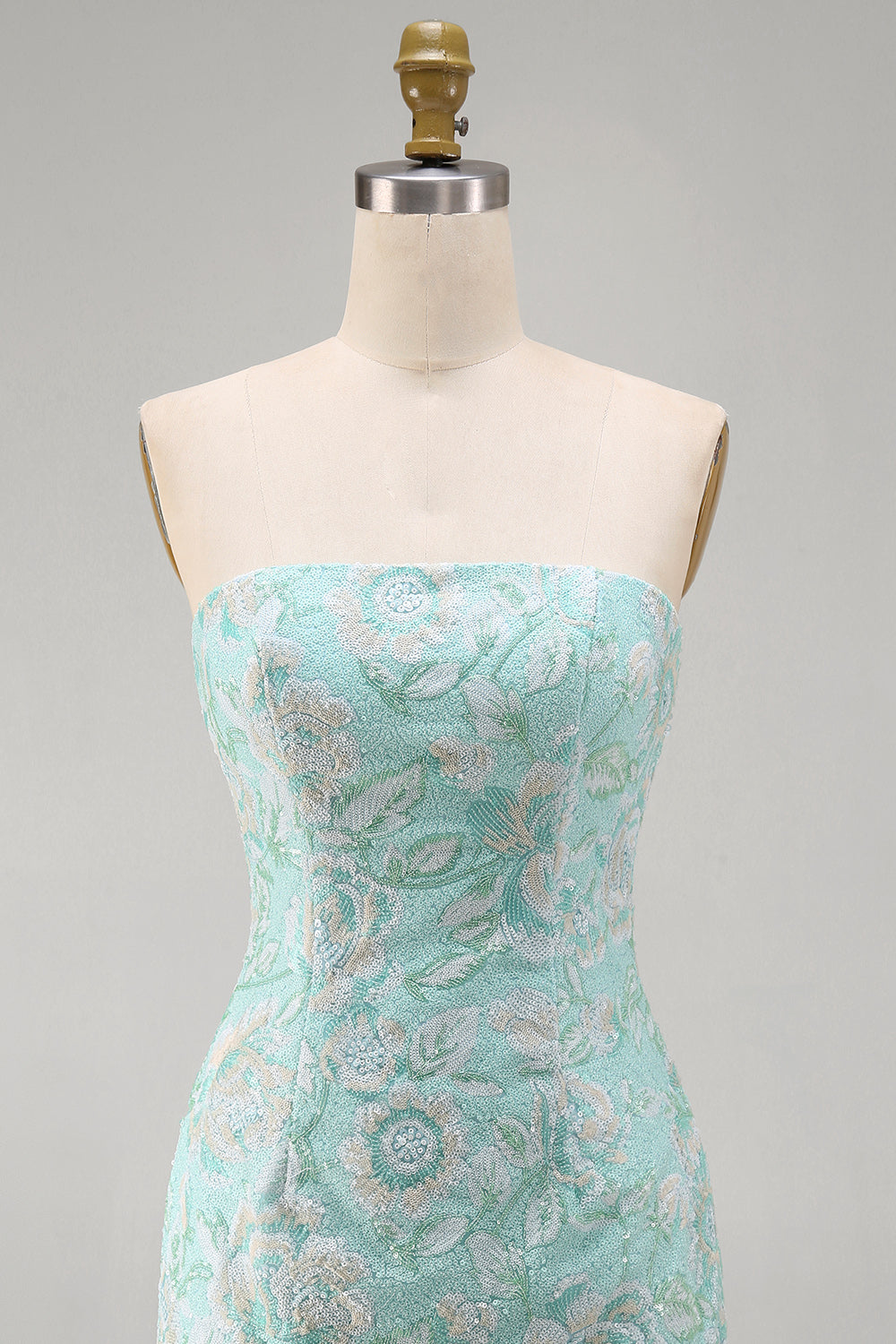 Mint Floral Tight Strapless Beaded Short Homecoming Dress