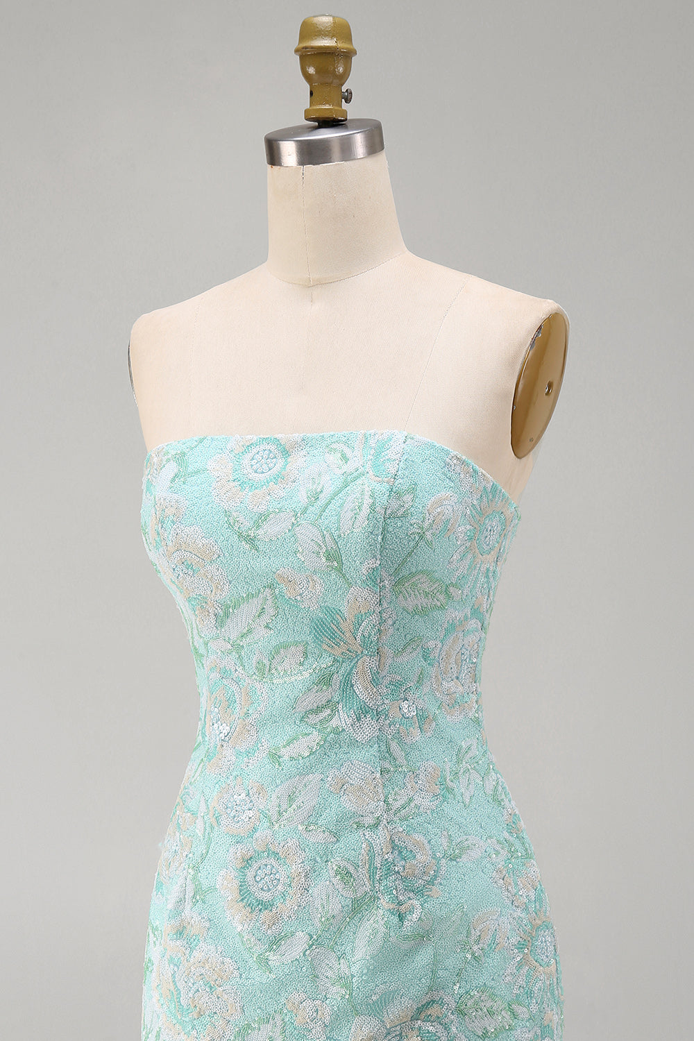 Mint Floral Tight Strapless Beaded Short Homecoming Dress