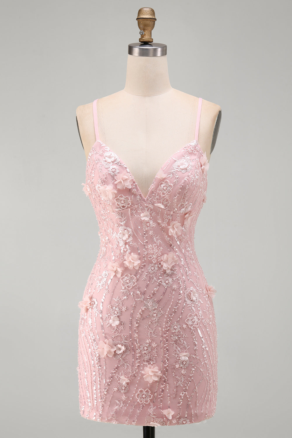 Pink Tight V-Neck Beaded Short Homecoming Dress with 3D Flower