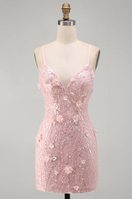 Pink Tight V-Neck Beaded Short Homecoming Dress with 3D Flower