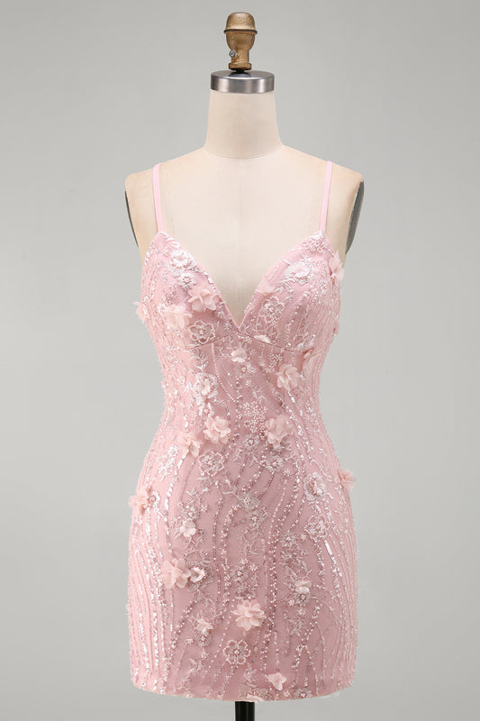 Pink Tight V-Neck Beaded Short Homecoming Dress with 3D Flower