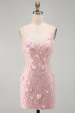 Pink Tight V-Neck Beaded Short Homecoming Dress with 3D Flower