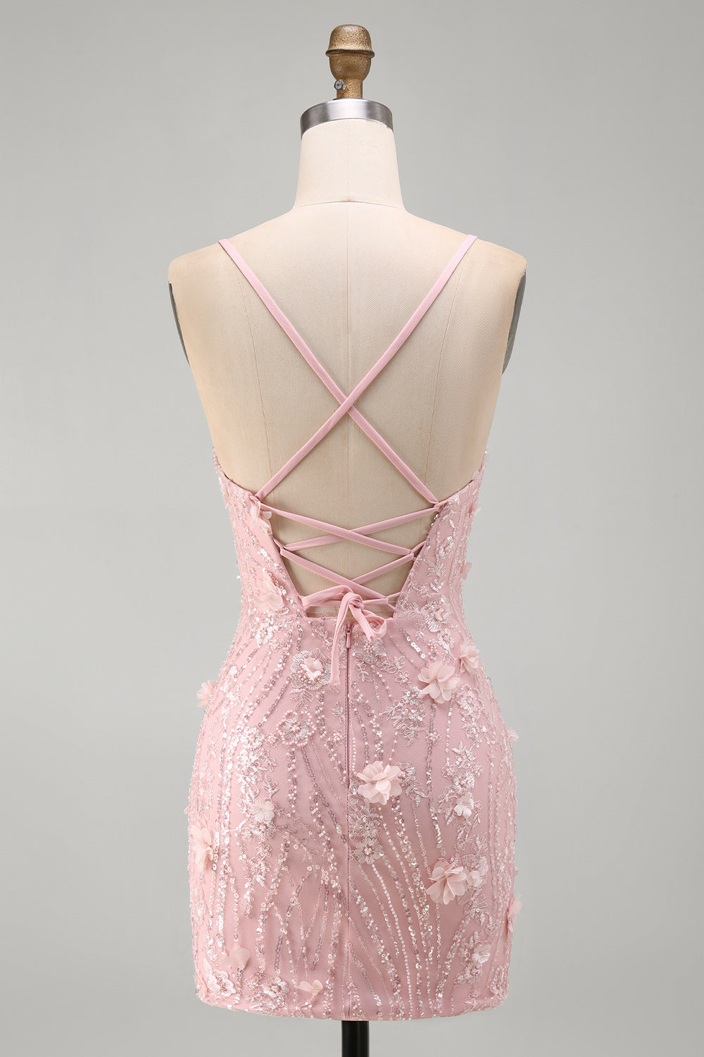Pink Tight V-Neck Beaded Short Homecoming Dress with 3D Flower