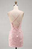Pink Tight V-Neck Beaded Short Homecoming Dress with 3D Flower