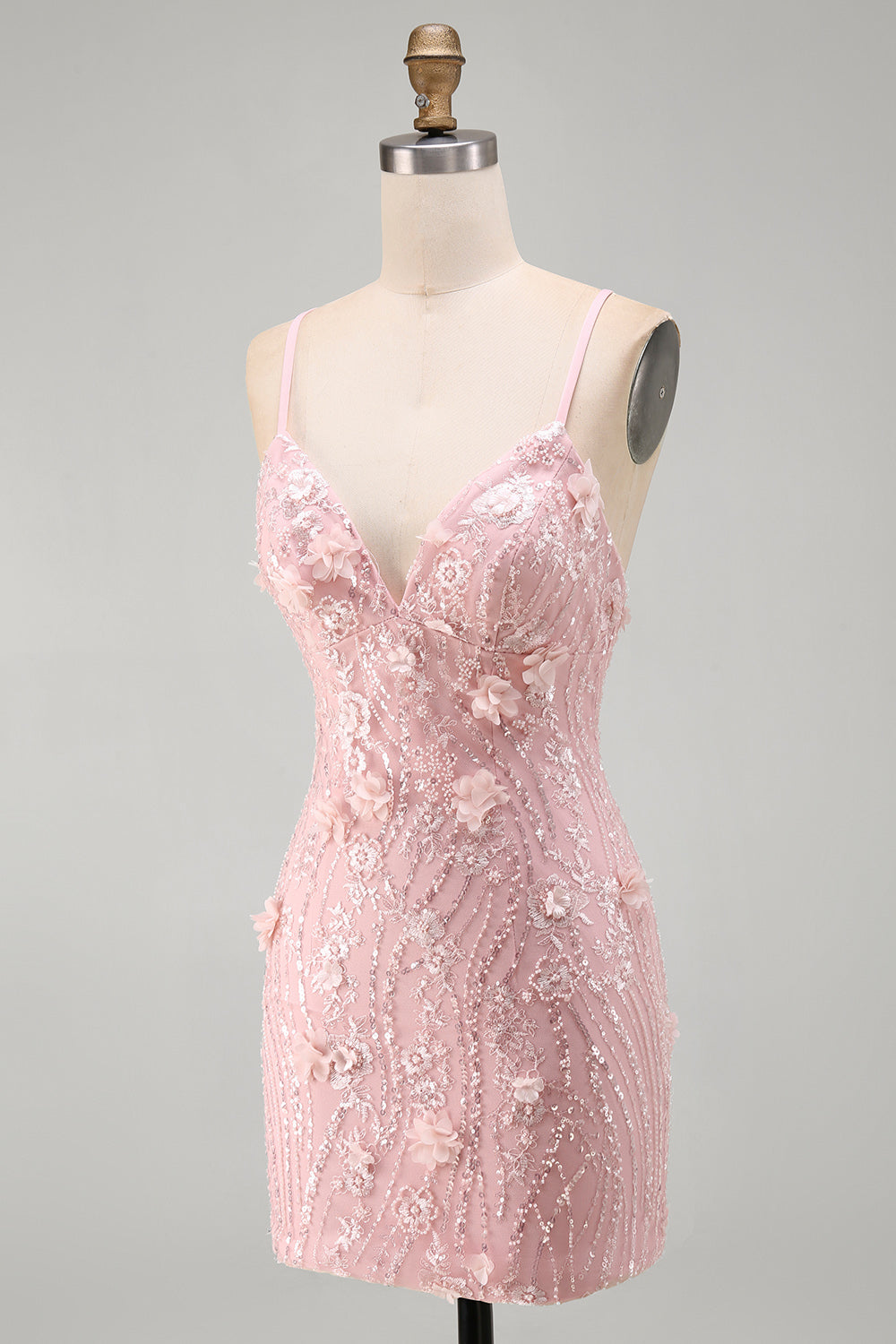Pink Tight V-Neck Beaded Short Homecoming Dress with 3D Flower