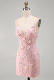 Pink Tight V-Neck Beaded Short Homecoming Dress with 3D Flower