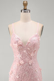 Pink Tight V-Neck Beaded Short Homecoming Dress with 3D Flower