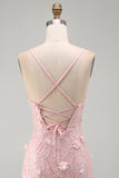 Pink Tight V-Neck Beaded Short Homecoming Dress with 3D Flower