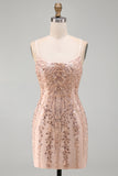 Sparkly Champagne Tight Scoop Neck Sequins Beaded Short Homecoming Dress