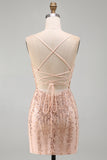 Sparkly Champagne Tight Scoop Neck Sequins Beaded Short Homecoming Dress