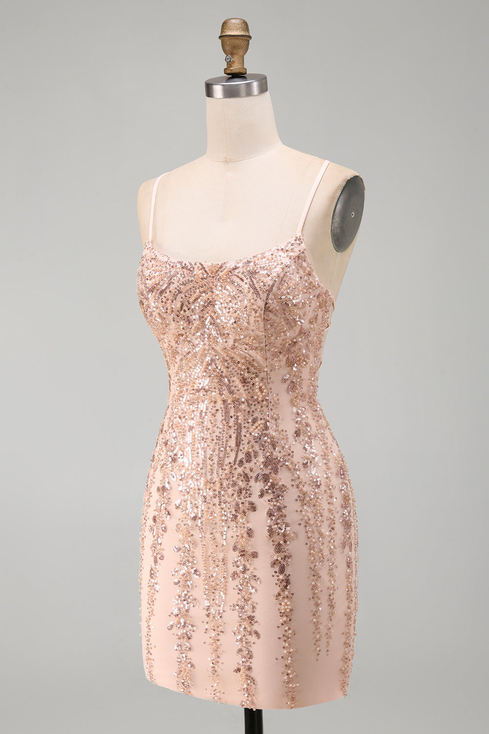 ZAPAKA Women Champagne Homecoming Dress with Lace Up Back Bodycon Sequins Spaghetti Straps Short Cocktail Dress, Champagne / US8