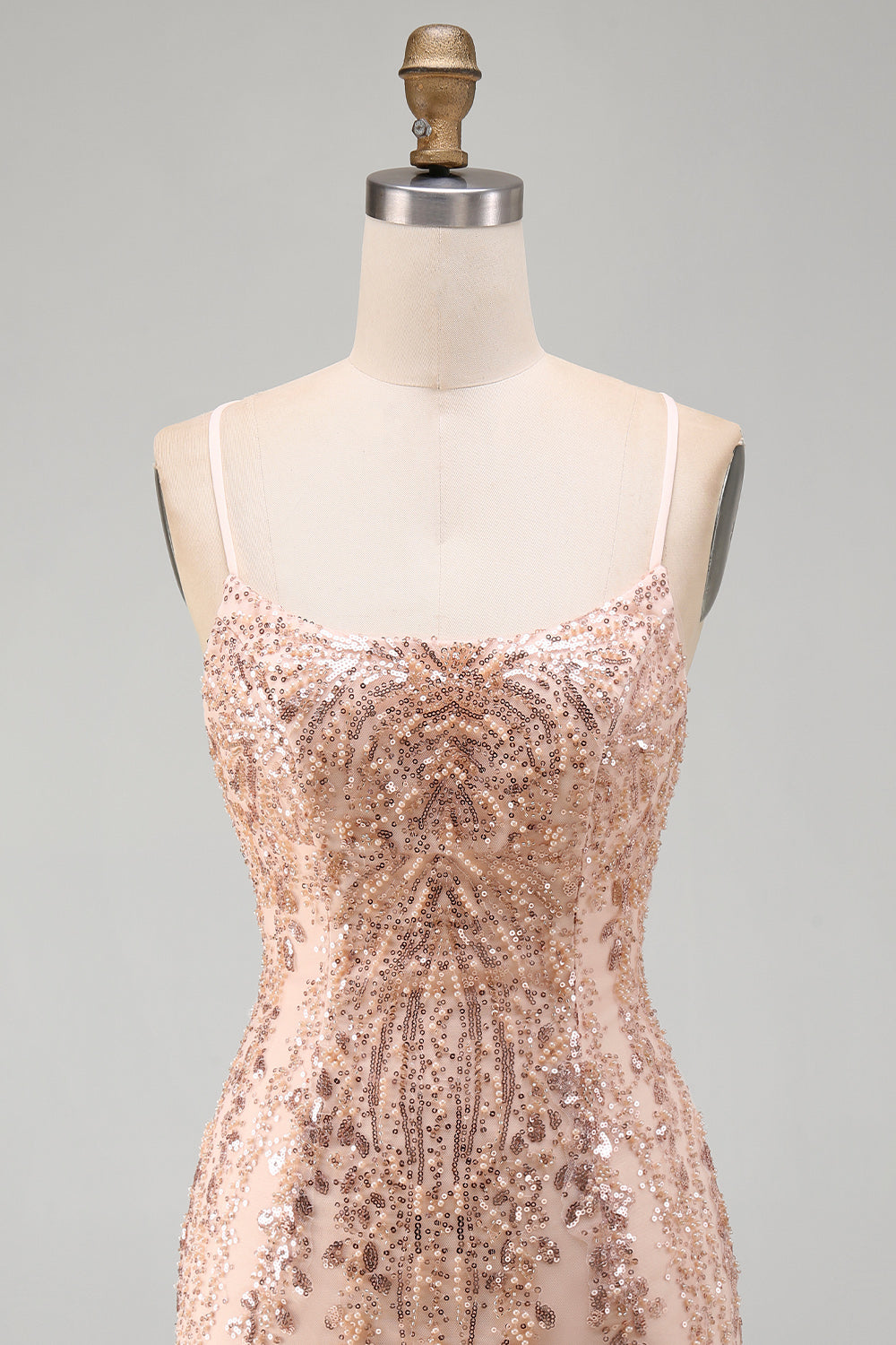 Sparkly Champagne Tight Scoop Neck Sequins Beaded Short Homecoming Dress