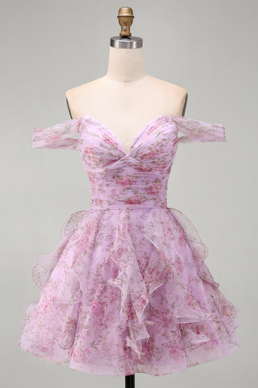 Lilac A-Line Ruched Short Floral Homecoming Dress with Ruffles