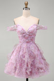 Lilac A-Line Ruched Short Floral Homecoming Dress with Ruffles