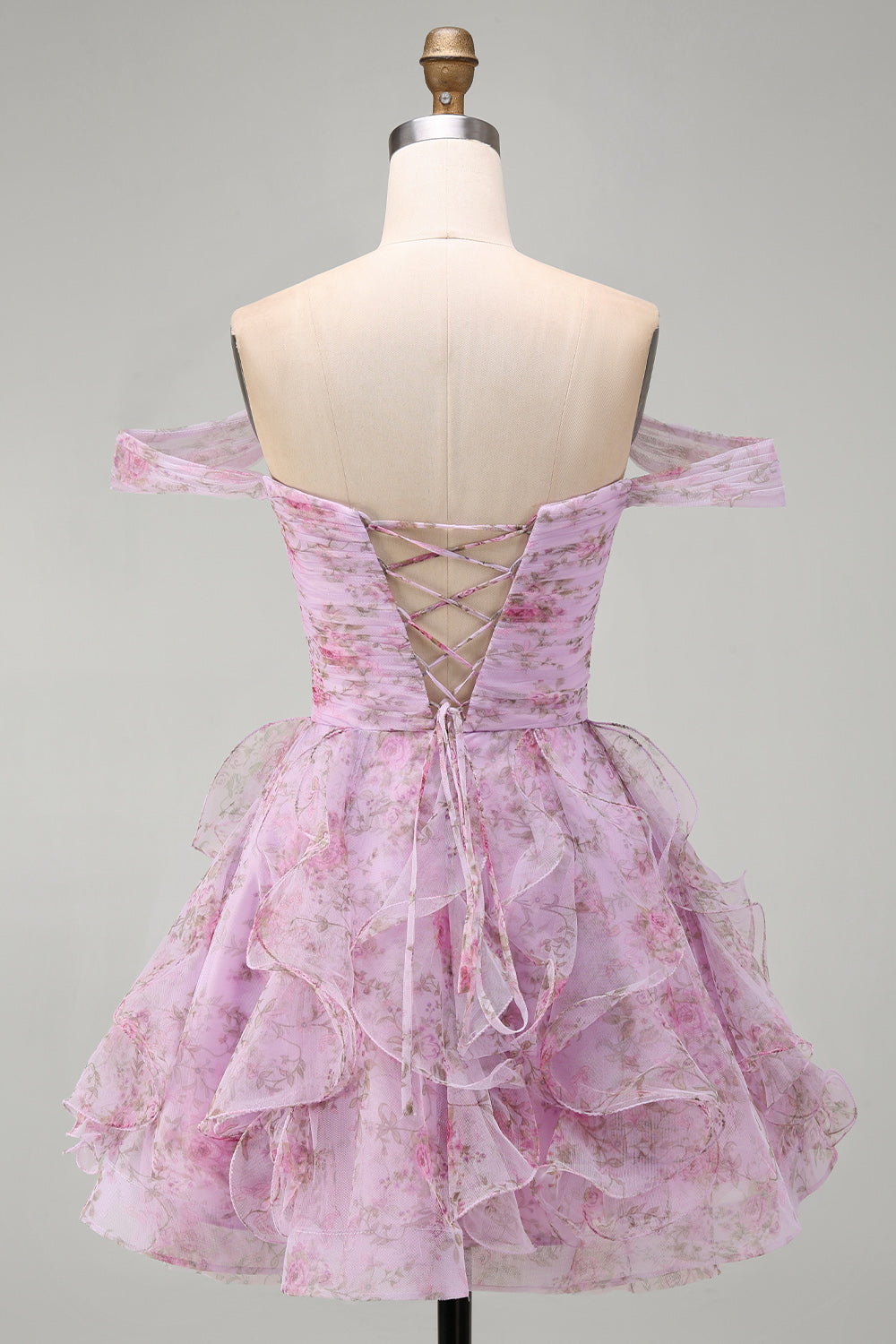 Lilac A-Line Ruched Short Floral Homecoming Dress with Ruffles
