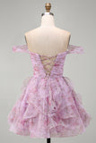 Lilac A-Line Ruched Short Floral Homecoming Dress with Ruffles