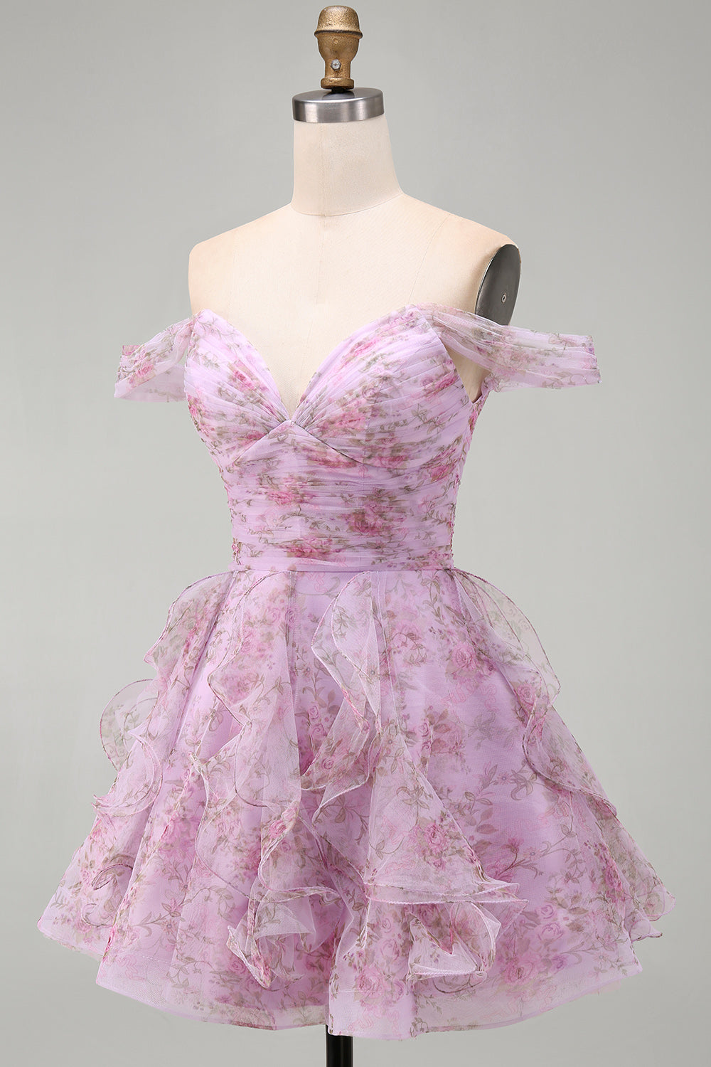 Lilac A-Line Ruched Short Floral Homecoming Dress with Ruffles