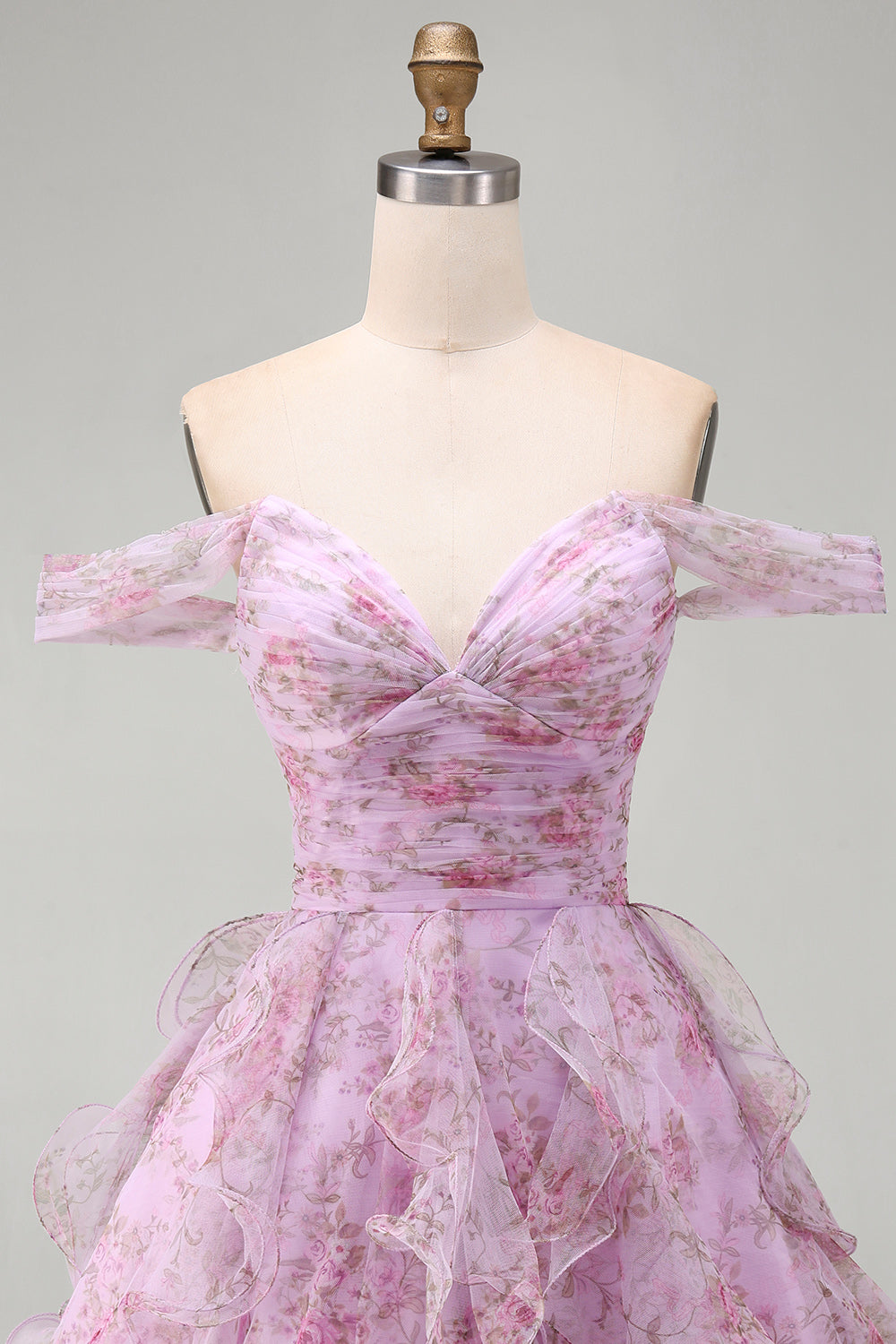 Lilac A-Line Ruched Short Floral Homecoming Dress with Ruffles