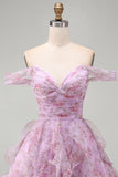 Lilac A-Line Ruched Short Floral Homecoming Dress with Ruffles