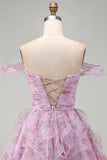 Lilac A-Line Ruched Short Floral Homecoming Dress with Ruffles